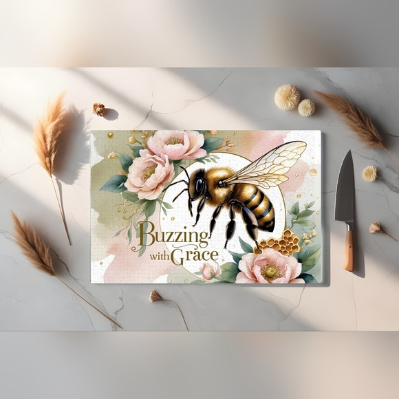 Floral Bee Glass Cutting Board Size 11inx8in - Picture 3 of 4